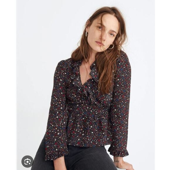 Madewell Tops - Madewell Silk Ruffle Hem Wrap Top Starry Night Small Flutter Stars Feminine